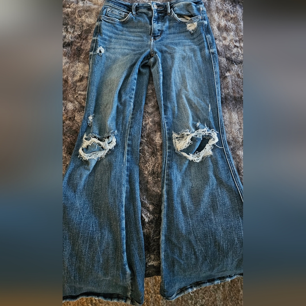 Flying Monkey Distressed Flare Jeans in Blue